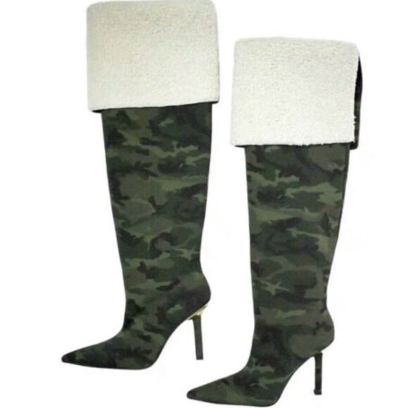 NIB Good American High Kickstand Camouflage Neoprene Knee High Boots 8 - Picture 1 of 6